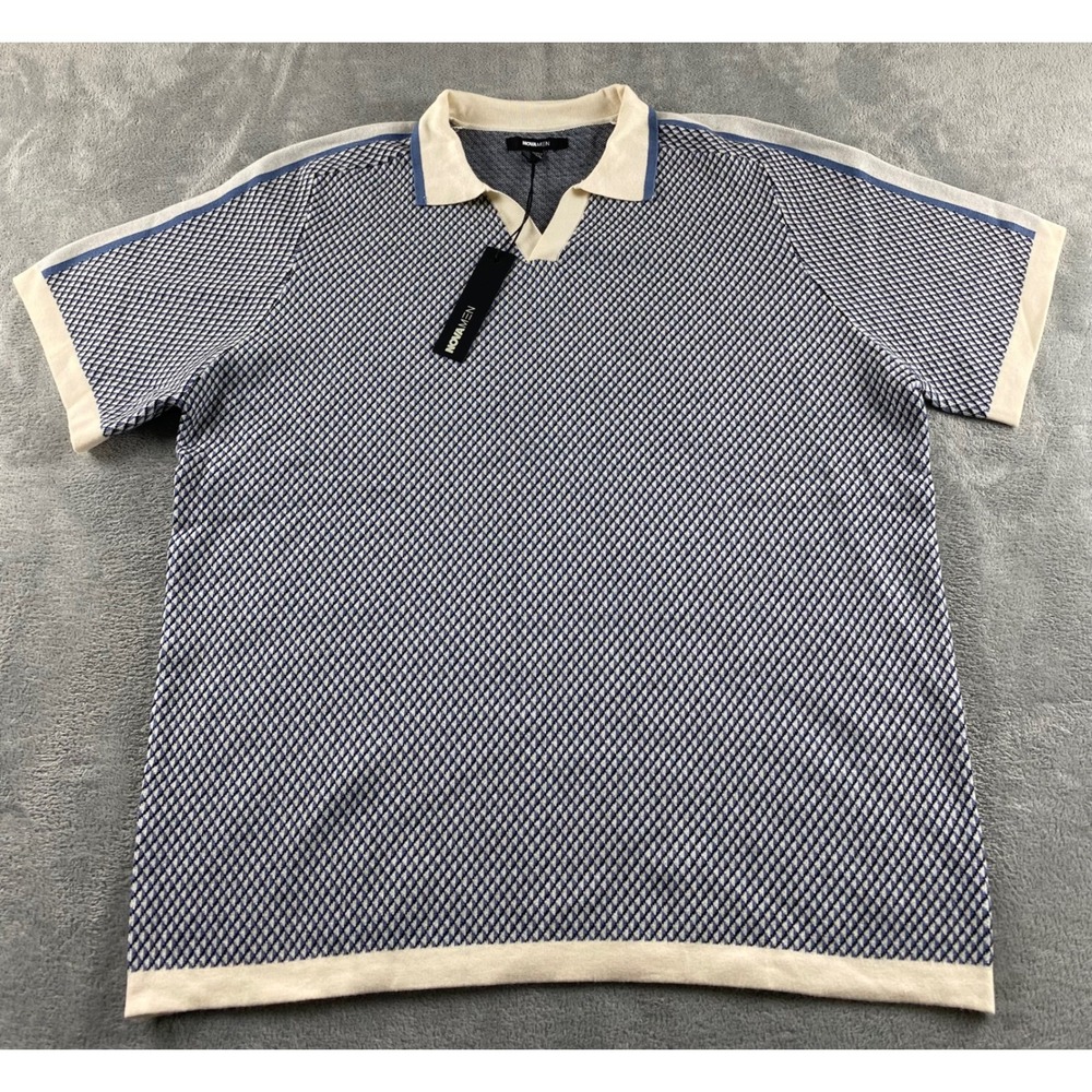 Fashion Nova Men Anawan Knitted Johnny Collar Polo Blue Cream Geometric XXL NEW